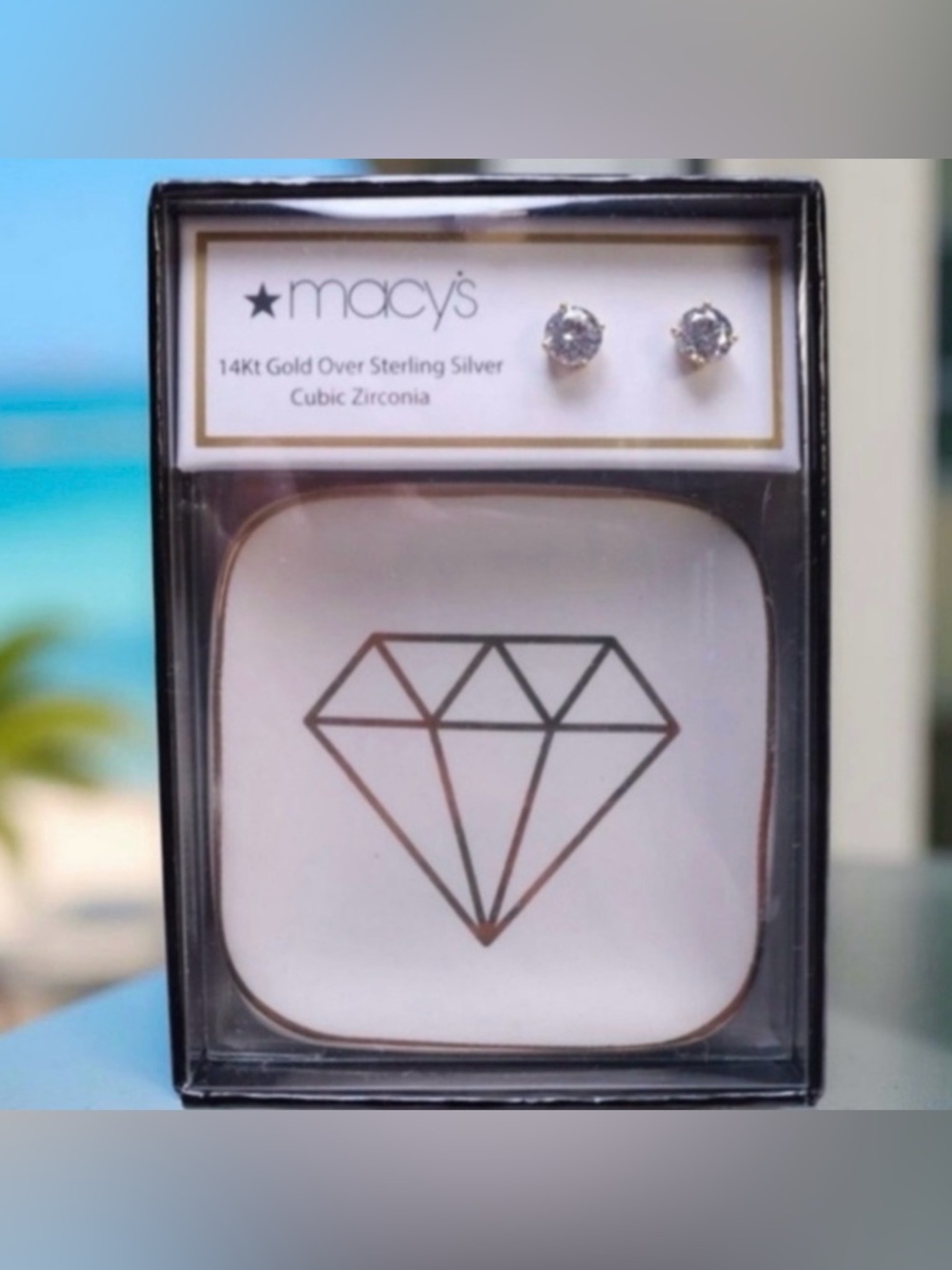 MACY’S 14Kt Gold Over Sterling Silver Cubic Zirconia Earrings & Trinket Dish